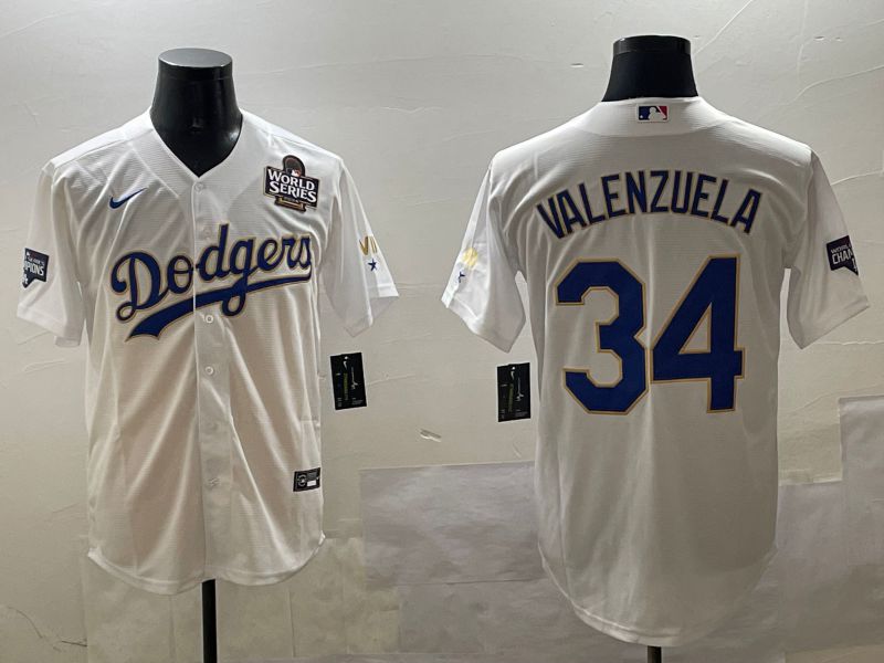 Men Los Angeles Dodgers 34 Valenzuela White blue Gold Game 2025 Nike MLB Jersey style 8